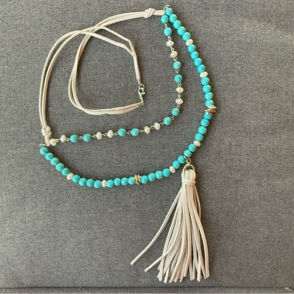 Turquoise and Cream Beaded Necklace with Tassel